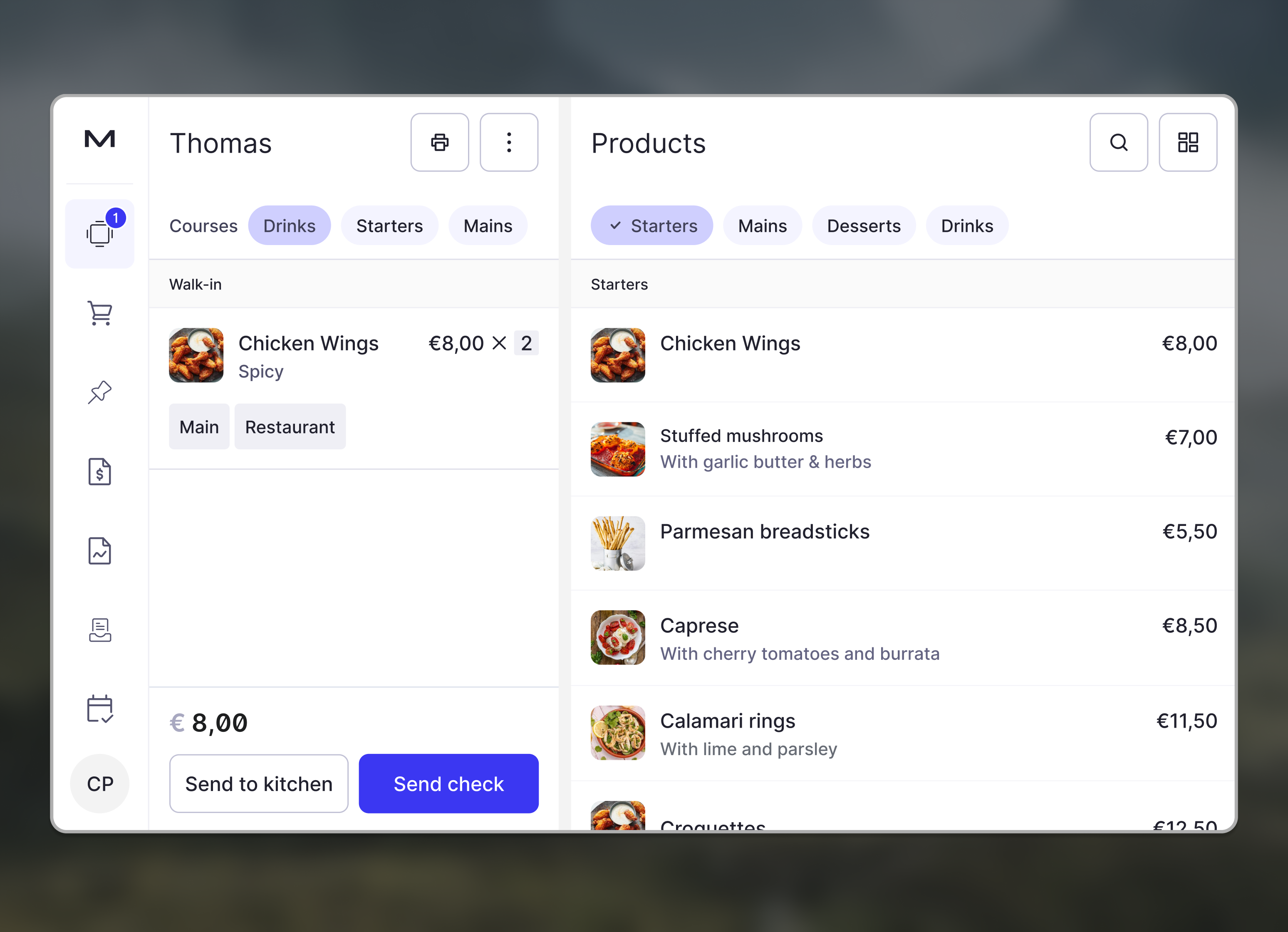 POS menu tab on tablet showing products and order summary